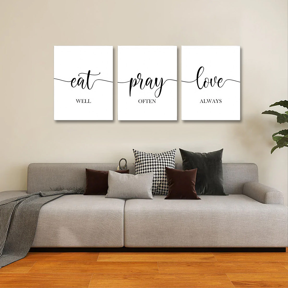 Eat Pray Love Wall Art Set of 3 Panels | Minimalist Typography Canvas Painting | Acrylic UV Printed Motivational Wall Decor for Living Room Bedroom (18 x 24 Inches Each Part)