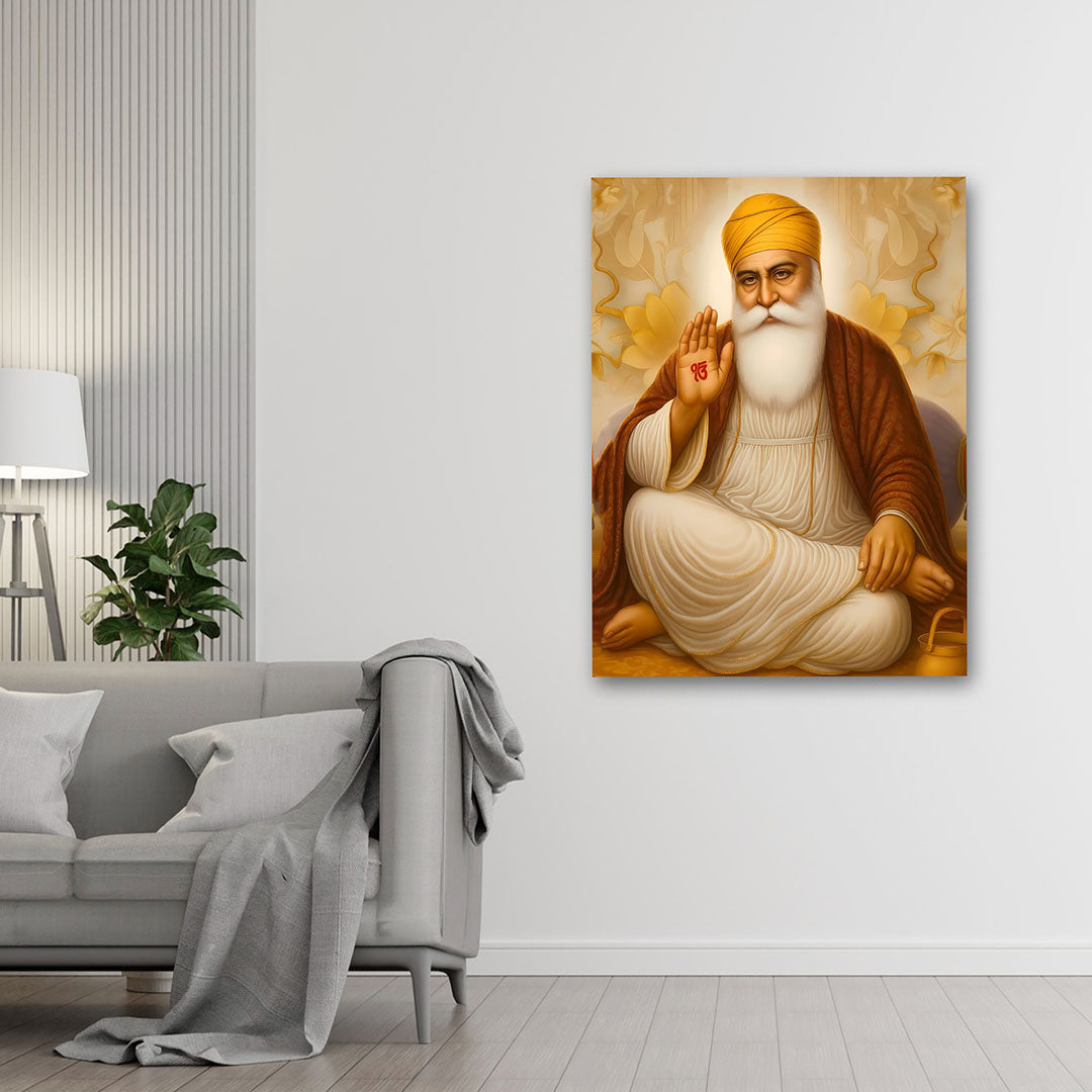 Guru Nanak Dev Ji Sitting Blessing Canvas Painting – Spiritual Sikh Wall Art Canvas Painting Frame for Living Room