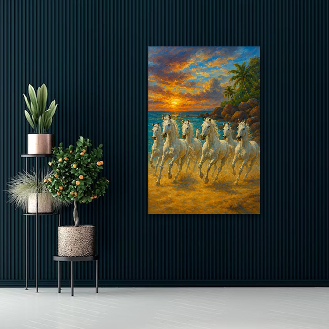 Running White Horses Wall Painting | Sunset Beach Landscape Canvas Art for Home Decor