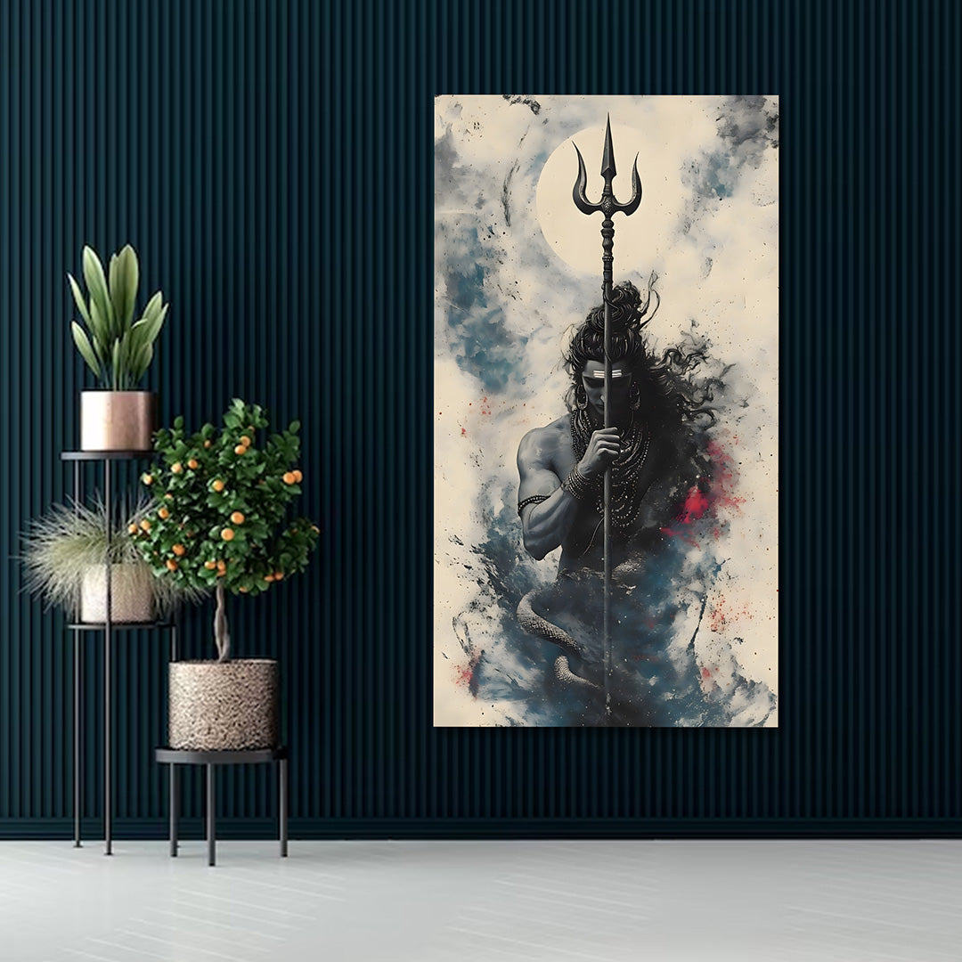Lord Shiva Trishul Canvas Painting Frame | Minimal Abstract Shiva Wall Art | Powerful Spiritual Canvas Wall Decor for Living Room