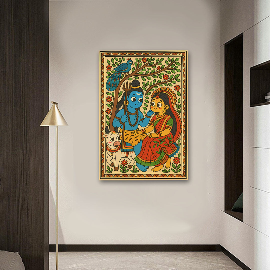Shiv Parvati Folk Art Canvas Wall Painting | Traditional Hindu God Wall Art for Home & Temple Decor