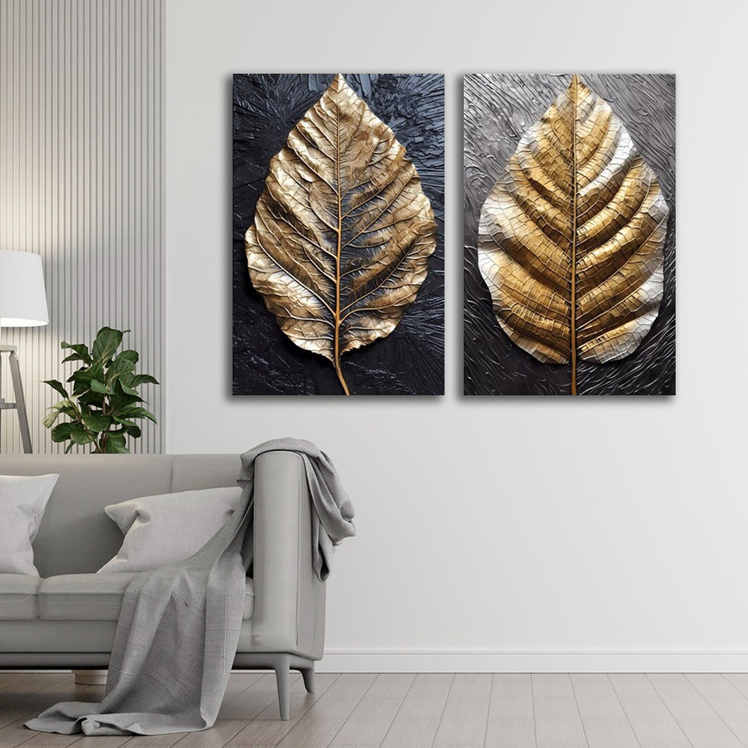 Abstract Gold Leaf Canvas Painting Wall Art – Large Size Frame for Living Room (18 x 24 Inches Each Part)