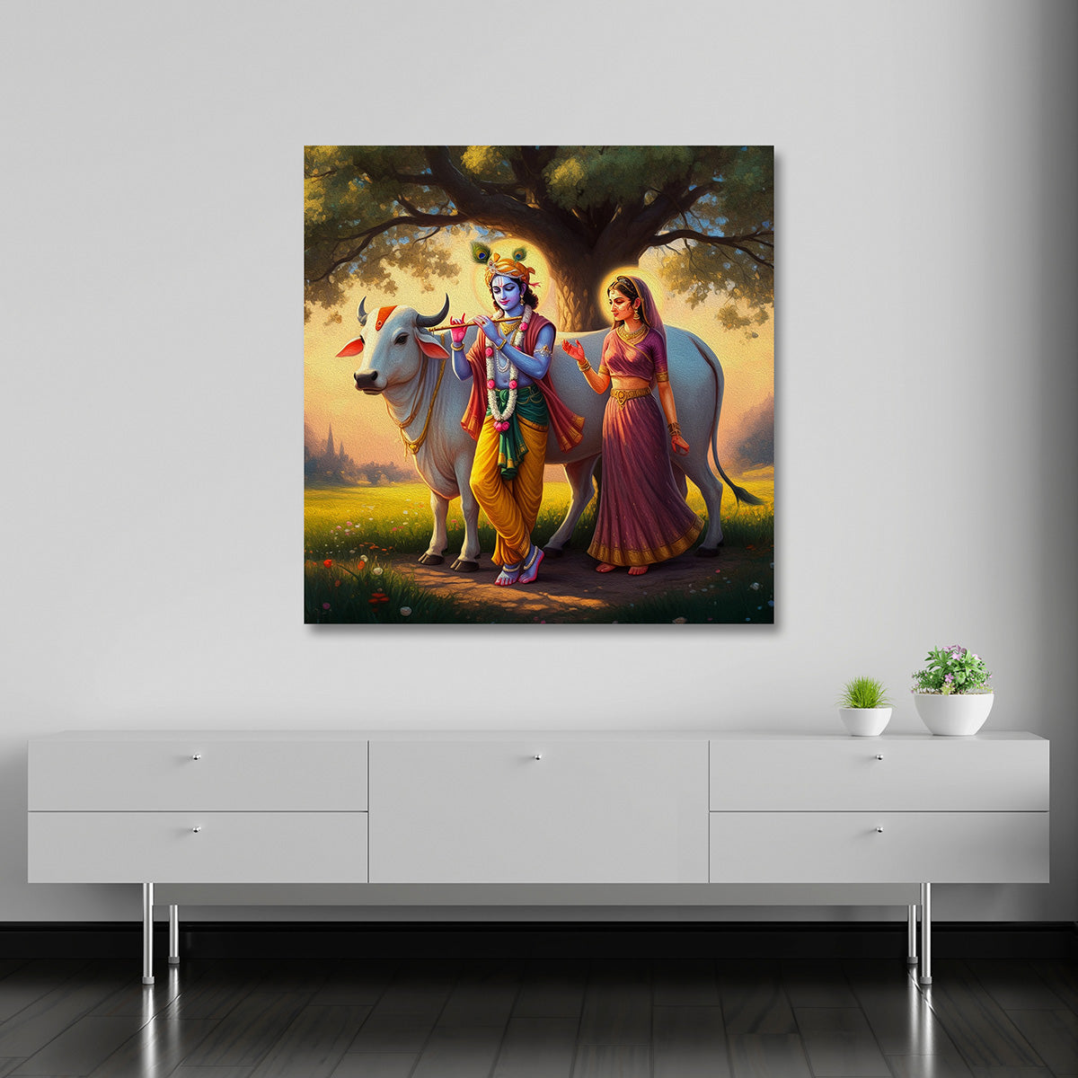 Radha Krishna with Cow Canvas Painting Frame Wall Decor for Living Room Spiritual Nature Artwork