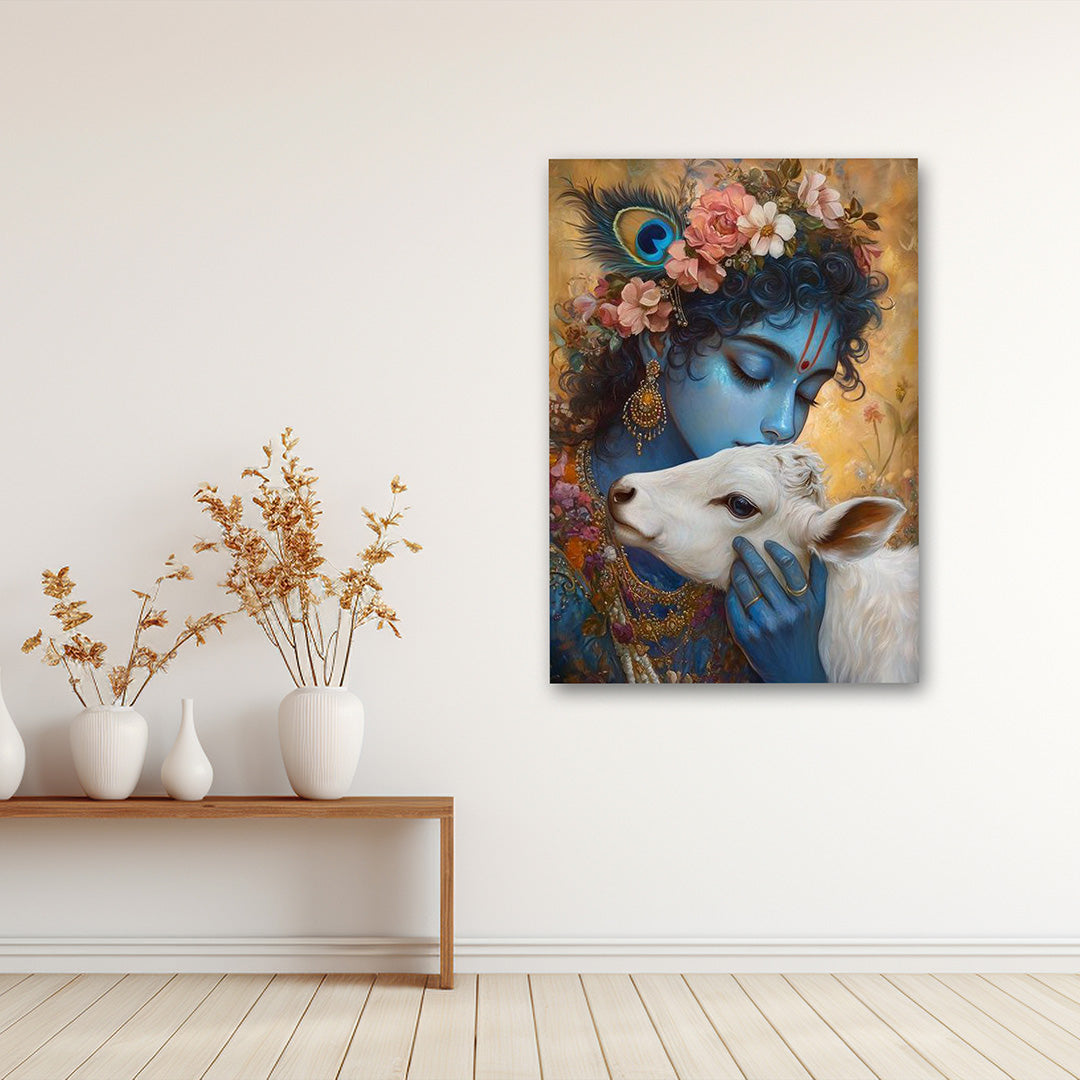 Krishna with Cow Wall Painting | Divine Spiritual Canvas Art for Peaceful Home Decor
