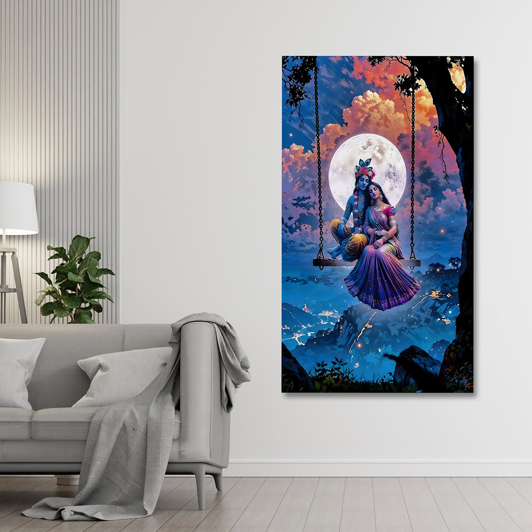Radha Krishna Jhula Canvas Painting Frame | Moonlight Romantic Krishna Wall Art | Large Spiritual Canvas Wall Decor for Living Room