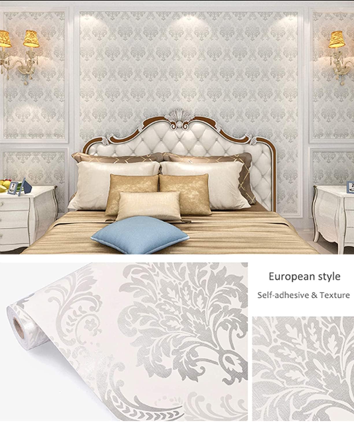 Self-Adhesive Wallpaper Peel and Stick Decorative Damask Design Wall Covering 45cm X 3Mtr (PVC, Roll 14.5 Sqft)