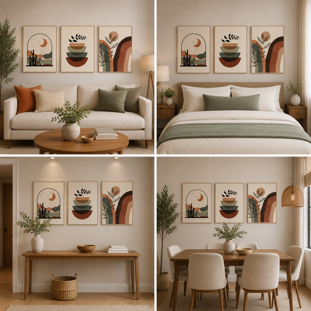 Boho Abstract Botanical Canvas Wall Art Set of 3 for Modern Living Room and Home Decor