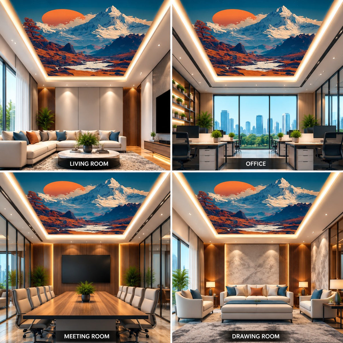 Mountain Valley Ceiling Panel with Sunset Landscape for Luxury Living Room Decor