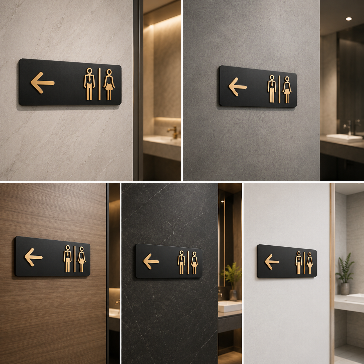 Left Arrow Restroom Sign Board | Black & Gold Men Women Toilet Direction Sign for Office & Commercial Spaces