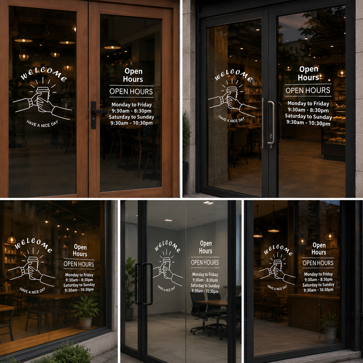 Welcome & Open Hours Vinyl Glass Sticker Combo for Cafe Door, Shop Entrance & Business Branding