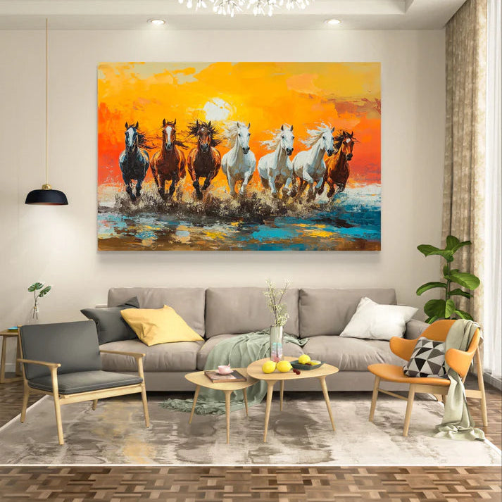 Living room with a colorful painting of horses on the wall