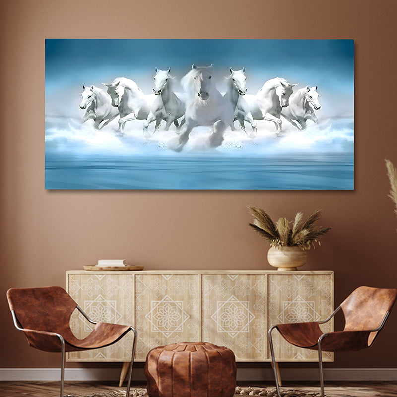 7 Running White Horses Painting | Vastu Wall Art for Living Room