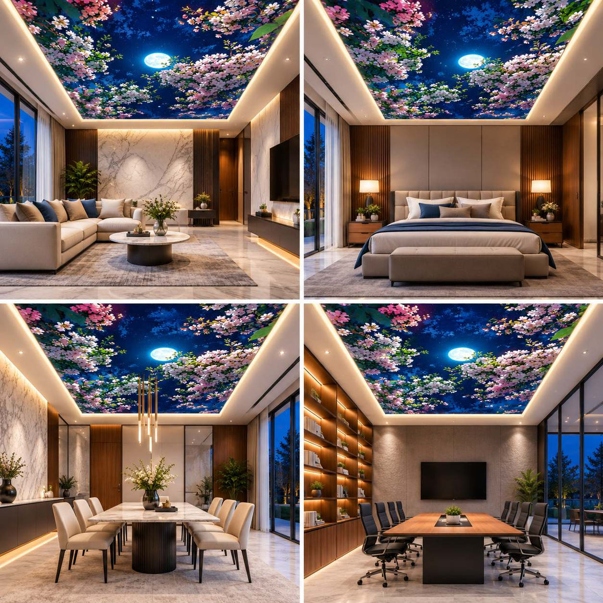 3D Moonlit Cherry Blossom Sky Ceiling Design for Living Room, Bedroom & Dining Room