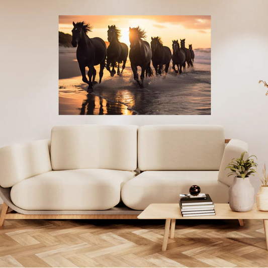 Living room with a large wall art of horses running on a beach at sunset, a beige sofa, and decorative items.