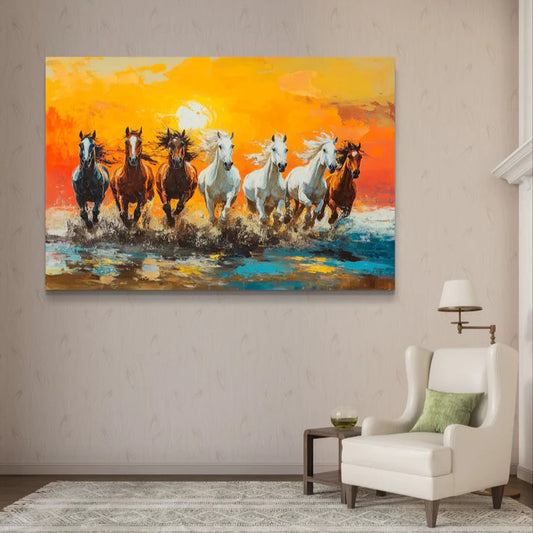 Colorful painting of horses running on a beach in a living room setting.