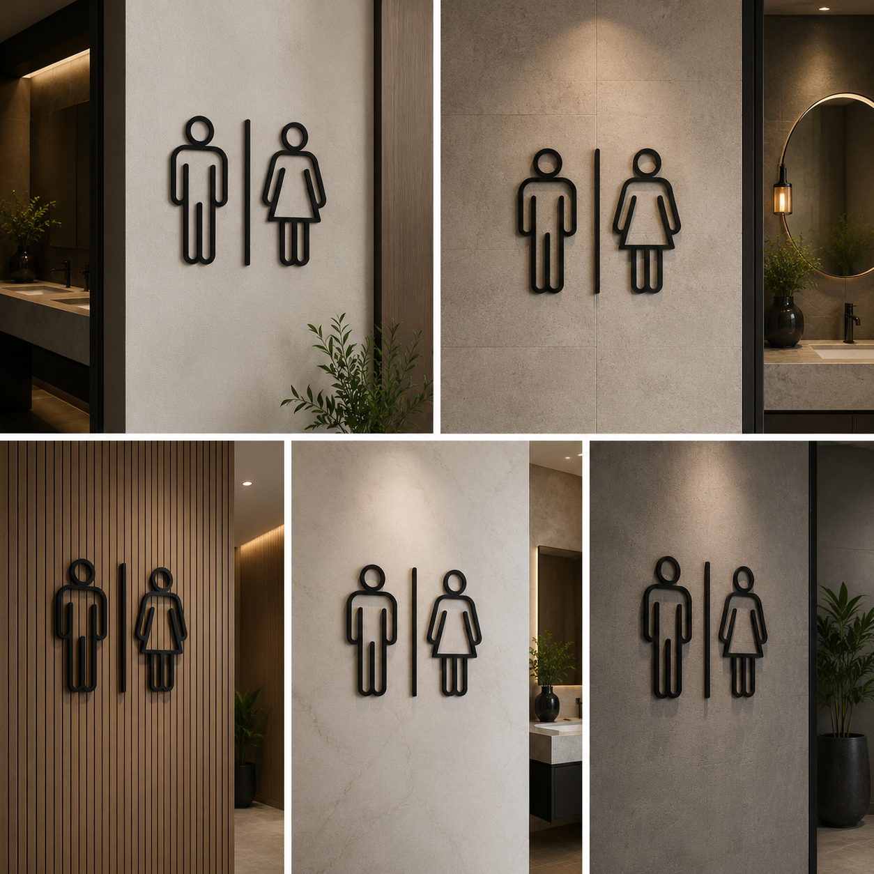 Minimal Metal Restroom Sign Icons | Male Female Washroom Signage for Wall Mount Commercial Spaces