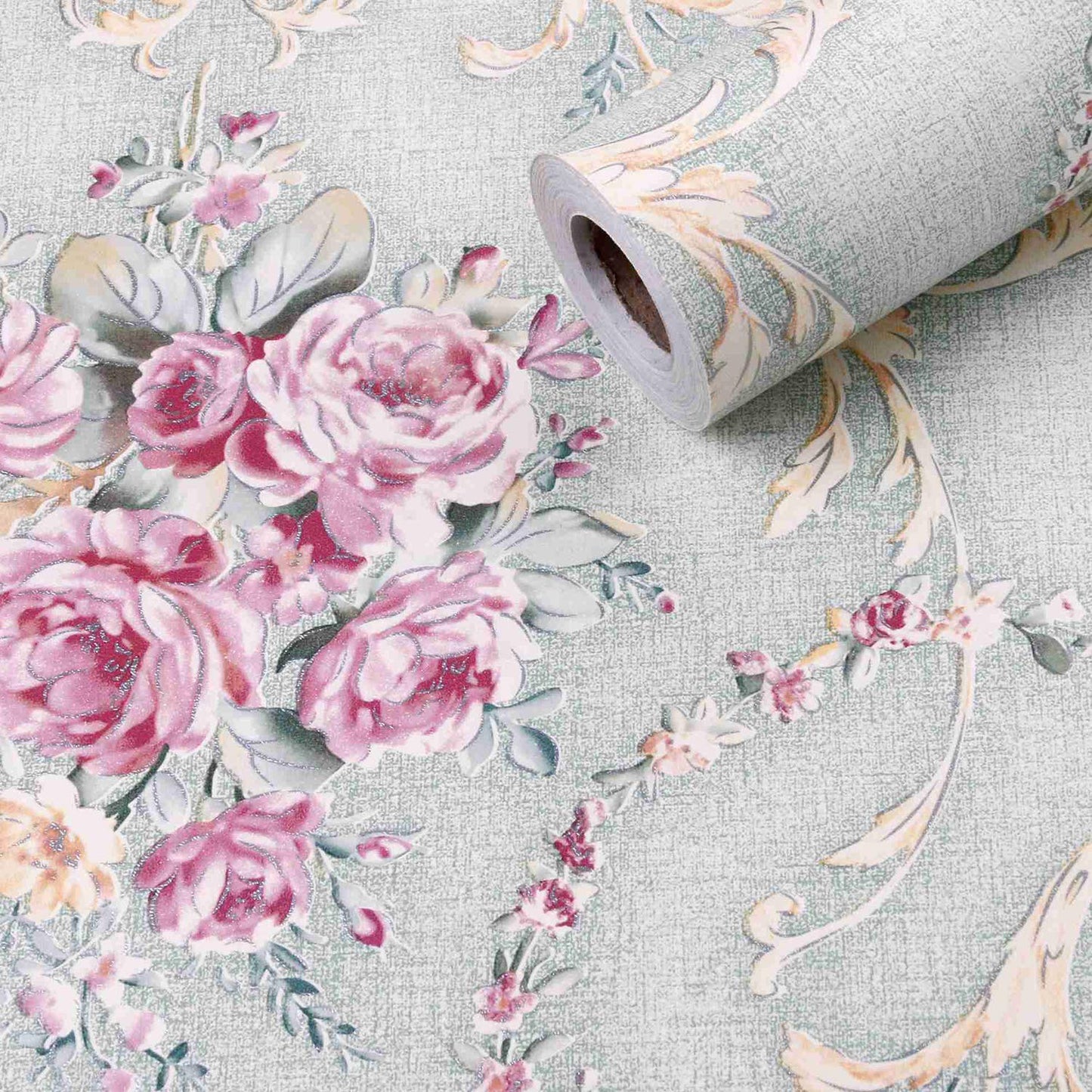 Pink Flowers Self-Adhesive Wallpaper Peel and Stick Decorative Damask Design Wall Covering 45cm X 3Mtr (PVC, Roll 14.5 Sqft)