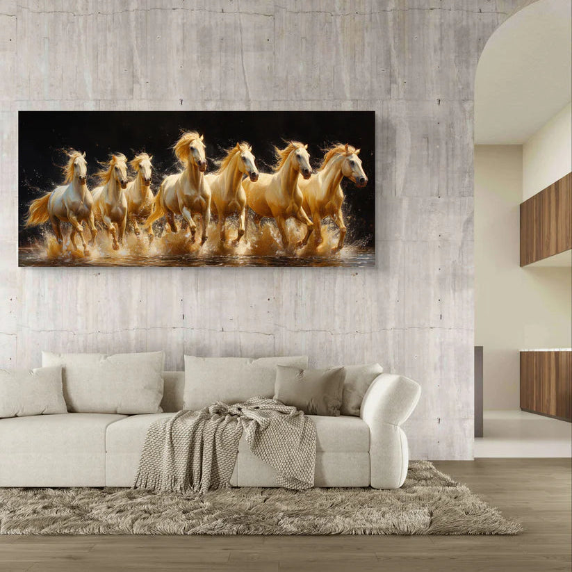 Seven White Running Horses Painting | Vastu Canvas Painting