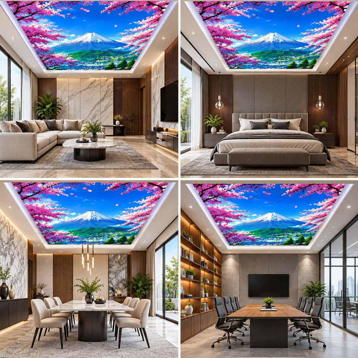 3D Cherry Blossom Mountain Sky Ceiling Design with Snowy Peaks for Luxury Interiors