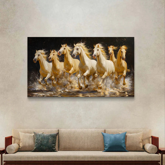 Canvas print of running horses on a wall above a sofa