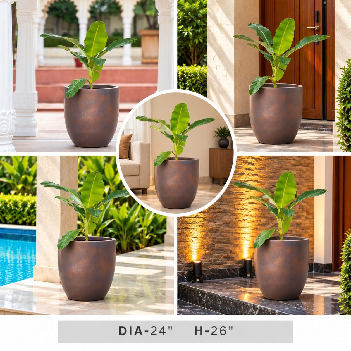24 Inch Charcoal Brown Round Planter Pot, 26 Inch Tall Modern Decorative Garden Planter