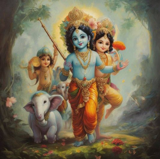 Baal Gopal’s Blissful Moments in Vrindavan Canvas Painting Colorful depiction of a deity with two children and an elephant in a forest setting