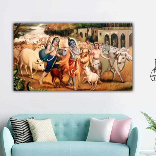 Balrama and krishna playing with cow Canvas Wall painting Frame for Living Room Wall Decor | Gifting