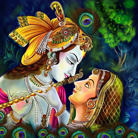 Beautiful Radha Krishna Canvas Print for Meditation Room Colorful depiction of two figures with intricate jewelry and peacock feathers against a nature-themed background