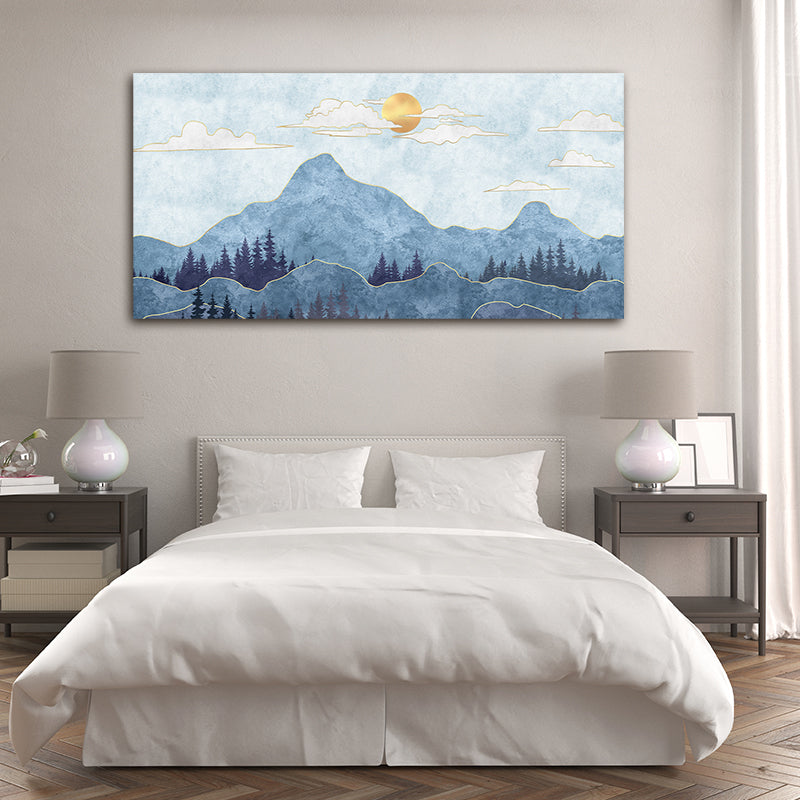 Blue Boho Mountain Painting for Living Room Decor