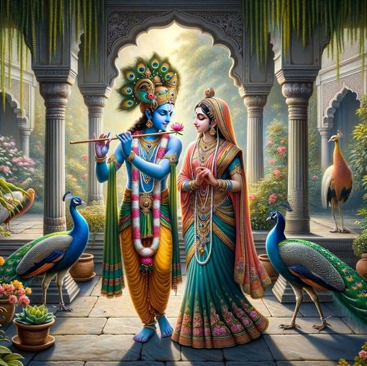 Canvas Painting of Radha Krishna With Peacock for Positive Energy Two figures in traditional attire standing in a decorative setting with peacocks and floral arrangements.