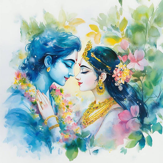 Classic Radha Krishna Painting | Traditional Canvas Wall Painting Artistic depiction of two figures in a romantic pose with floral and greenery elements.
