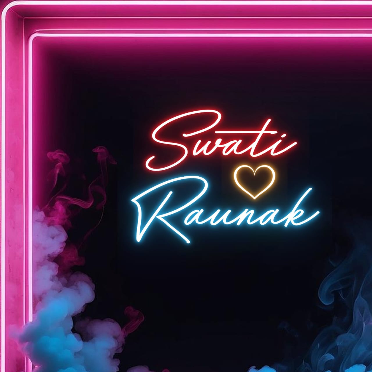 Couples Name Neon Light | Anniversary Gift Neon Light Board Neon sign with 'Swati Rounak' and a heart on a dark background with pink and blue smoke.