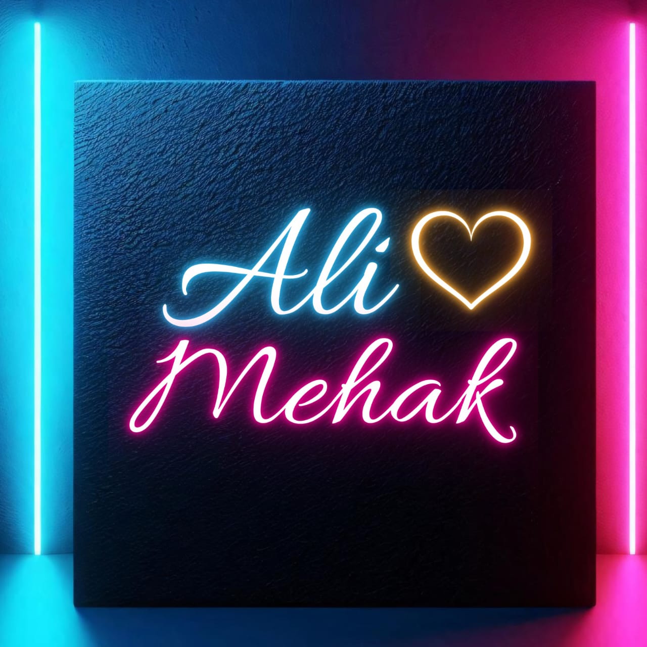 Couples Name Neon Light | Couple Gift Custom LED Neon Sign Neon sign with 'Ali' and 'Mehak' with a heart symbol on a dark background