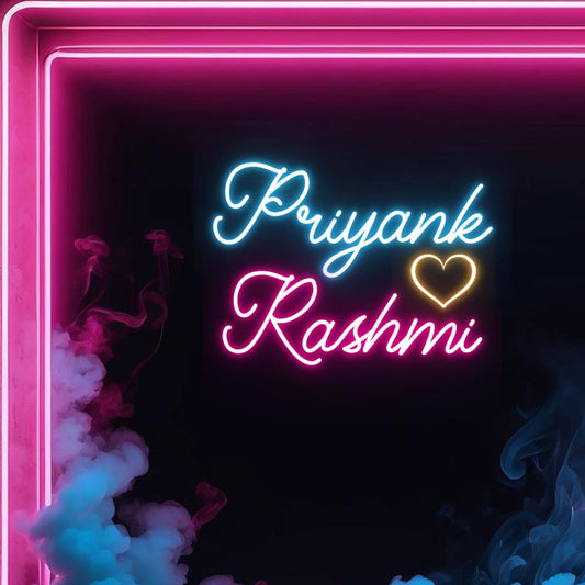 Couples Name Neon Light | Custom Neon Board for Romantic Setup Neon sign with 'Priyank Rashmi' and a heart on a dark background