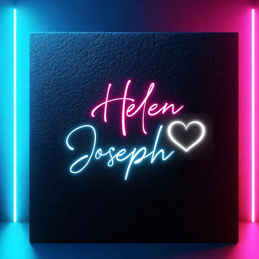 Couples Name Neon Light | Custom Neon Light Sign Board Neon sign with 'Helen Joseph' on a dark background with colorful lights.