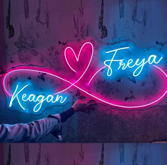 Couples Name Neon Light | Customized Neon Gift for Anniversary Neon sign with 'Keagan' and 'Freya' on a patterned wall