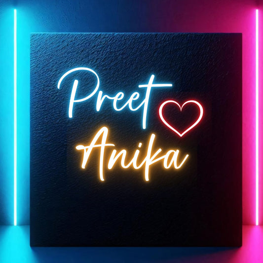 Couples Name Neon Light | Decorative Neon Light for Love Birds Neon sign with 'Preet' and 'Anika' on a dark background with colorful neon lights.