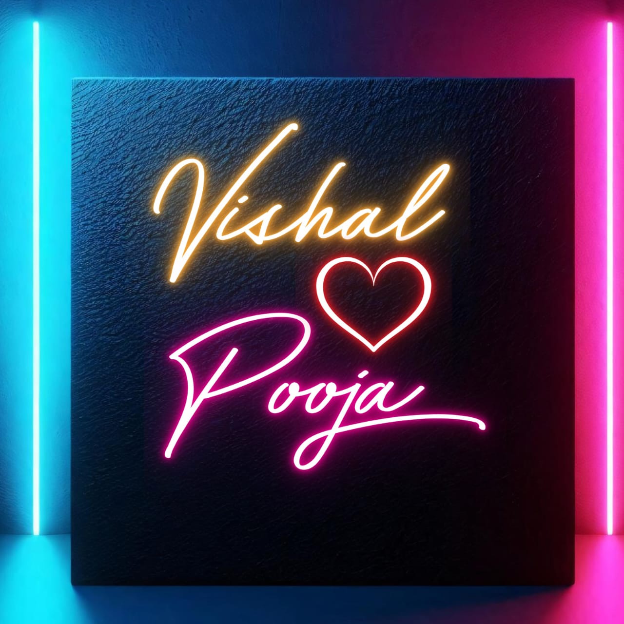 Couples Name Neon Light | Handmade Neon Sign for Couples Neon sign with 'Vishal' and 'Pooja' with a heart symbol on a dark background.