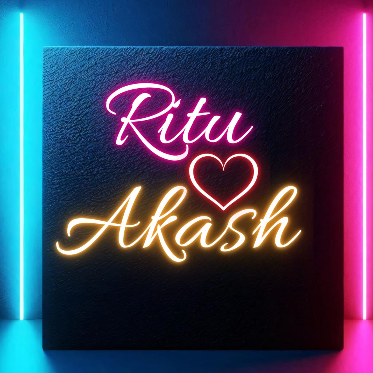 Couples Name Neon Light | LED Neon Sign for Bedroom & Living Room Neon sign with 'Ritu' and 'Akash' on a dark background with colorful neon lights.