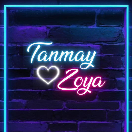 Couples Name Neon Light | Personalized Neon Décor for Weddings Neon sign with 'Tanmay' and 'Zoya' on a brick wall background