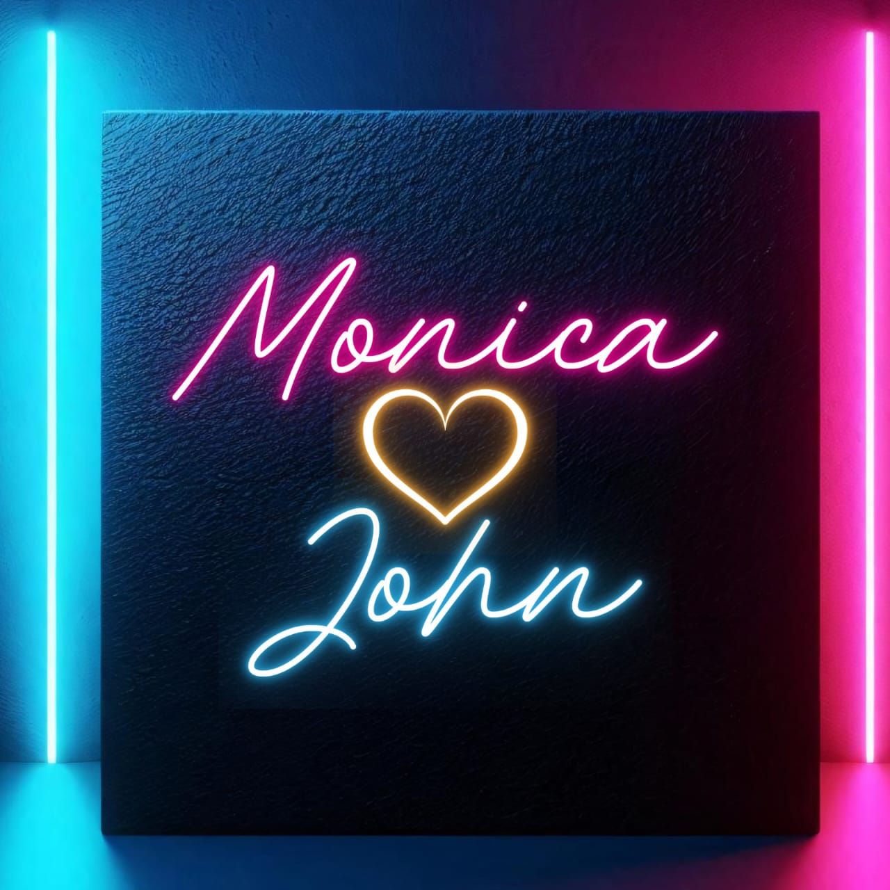 Couples Name Neon Light | Romantic Custom Neon Light Decoration Neon sign with 'Monica <3 John' on a dark background with colorful edges.