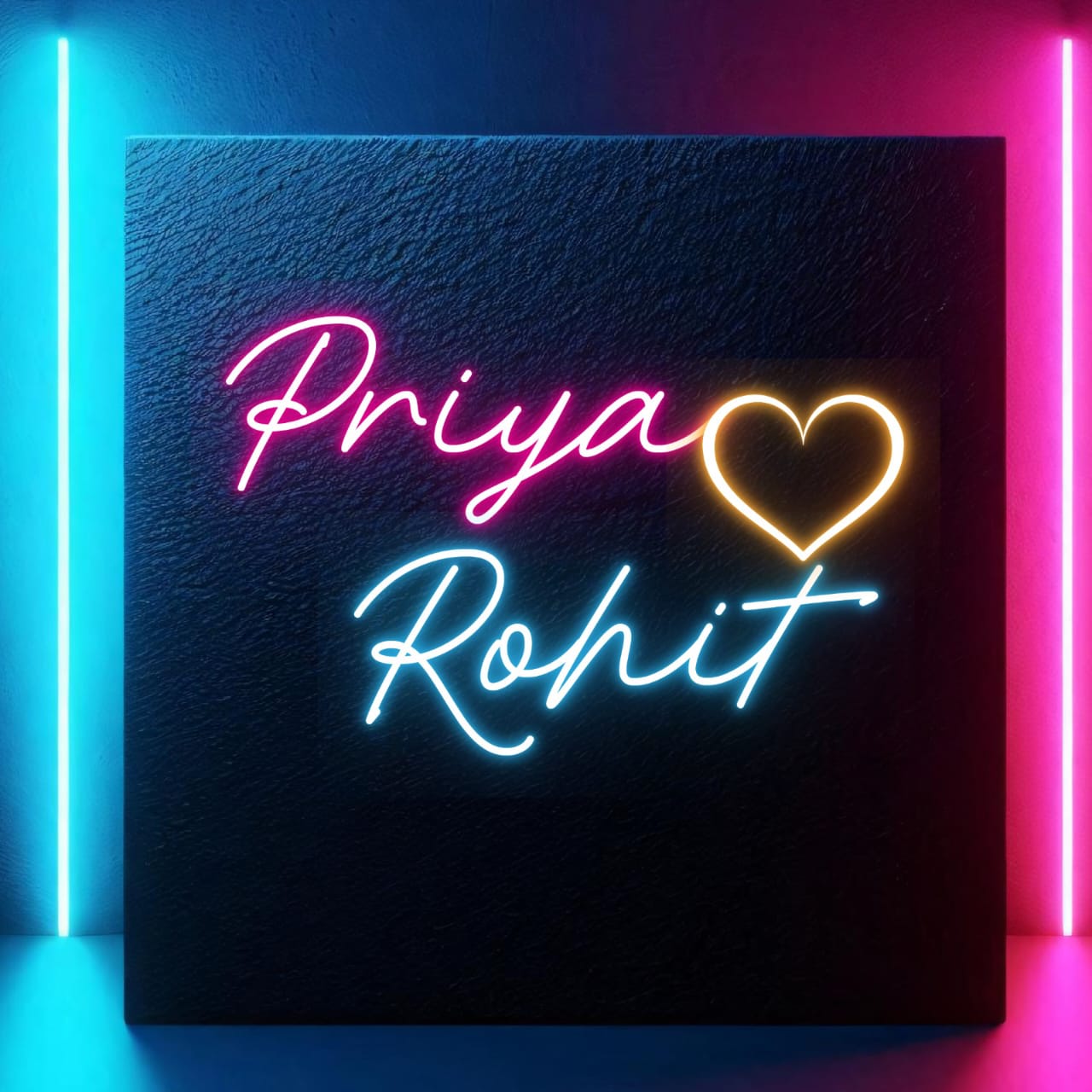 Couples Name Neon Light | Wedding Gift Custom Neon Sign Board Neon sign with 'Priya' and 'Rohit' on a dark background with colorful neon lights.