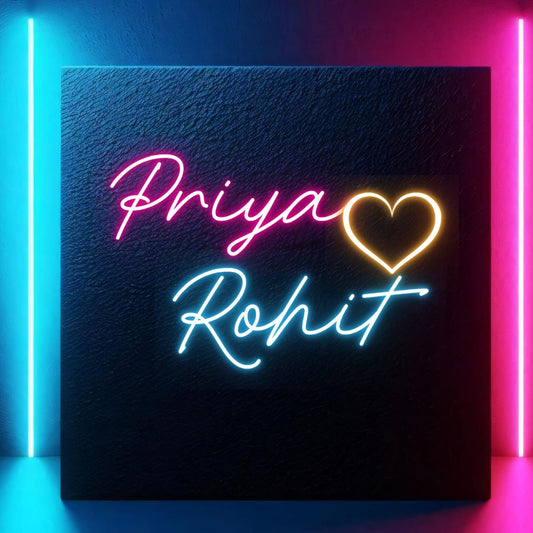 Couples Name Neon Light | Wedding Gift Custom Neon Sign Board Neon sign with 'Priya' and 'Rohit' on a dark background with colorful neon lights.