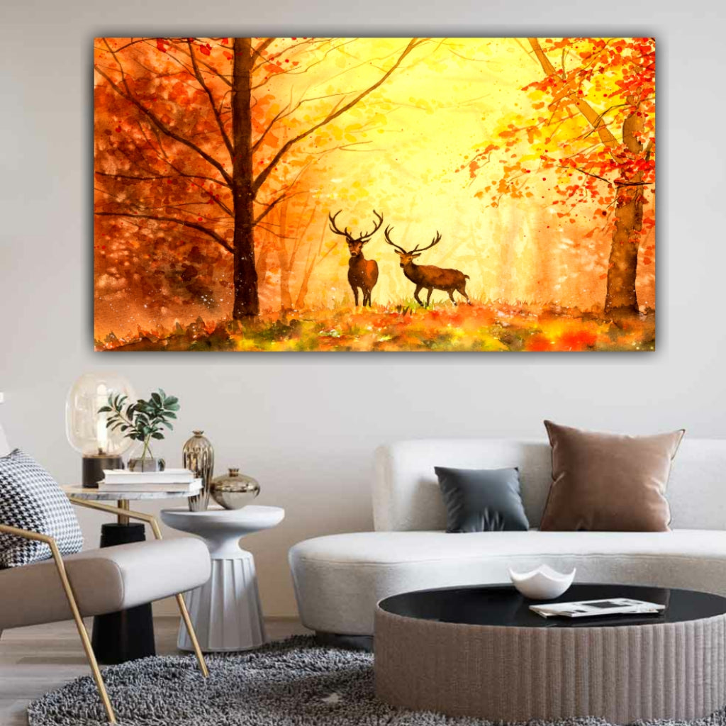 Wildlife Landscape Deer in Autumn Forest Painting for Home
