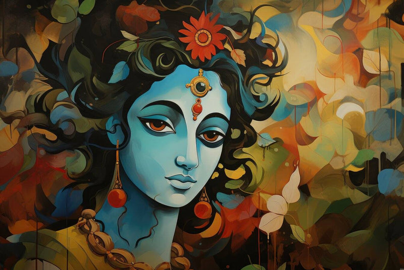 Divine Krishna Self Adhesive Wall Mural – Peel & Stick Wallpaper Artistic depiction of a figure with blue skin and colorful hair against a floral background