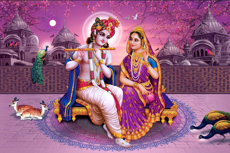 Divine Peel & Stick Radha Krishna Wallpaper | Easy Stick Murals Two figures in traditional attire sitting on a decorative platform with a pink and purple background.