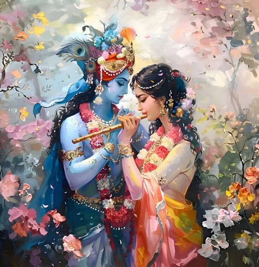 Divine Radha Krishna Canvas Painting for Spiritual Home Vibes Two figures in traditional attire with a colorful background of flowers and birds.