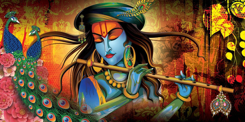 Easy Apply Lord Krishna Wallpaper | Peel and Stick Religious Design Colorful depiction of a deity playing a flute with peacocks and flowers in the background