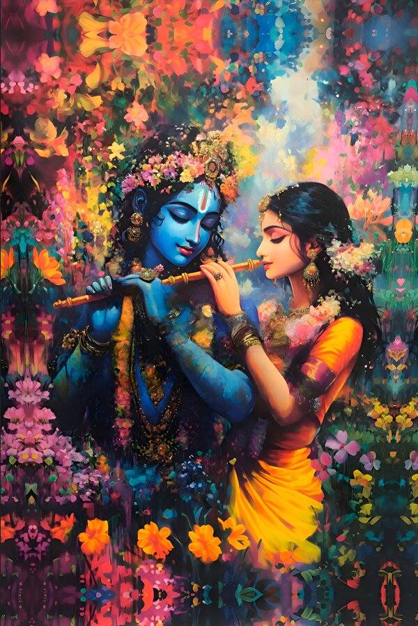Easy Stick Wallpaper – Divine Radha Krishna Wall Mural Colorful depiction of a traditional scene with two figures in a floral setting