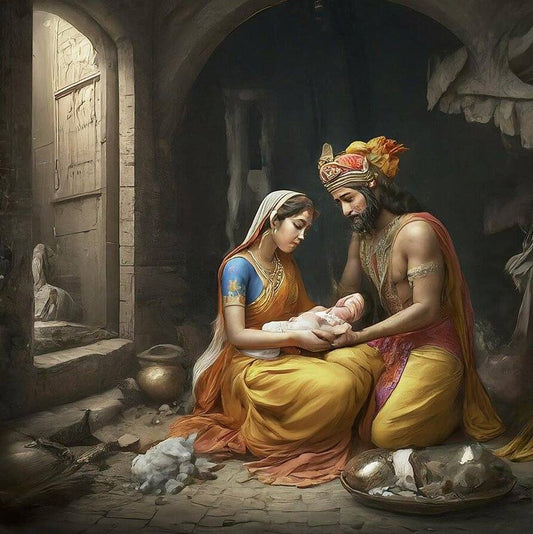 Elegant Radha Krishna Wall Décor | Framed Canvas Painting Two people holding a baby in a rustic setting with architectural elements.